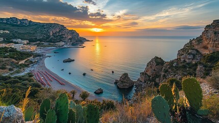 Canvas Print - Sunset paints the sky at Giallonardo beach in Italy's Sicily. The scene overlooks the Mediterranean Sea.