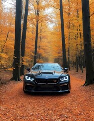 Sleek black car with bright headlights driving on a forest path surrounded by vibrant autumn foliage. The scene captures the essence of adventure and the beauty of fall.