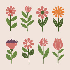 Poster - Colorful set of eight simple floral designs featuring different flower shapes and colors on a pale background.