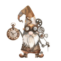 A gnome is holding a clock and wearing glasses