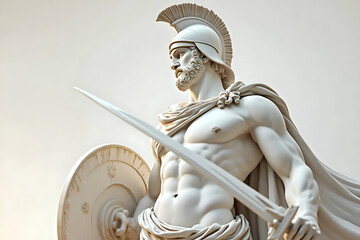 Decorative statues of greek Ares wearing helmet , roman Mars with sword shield and architectural details from the Renaissance in ancient Athens, Rome, Italy.