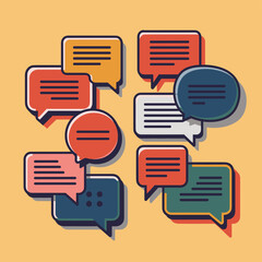 Colorful speech bubbles on a yellow background highlighting communication and social interaction through dialogue and conversation.