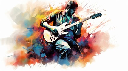 Male Guitarist Performing Classical Music in Abstract Painting Illustration. Fictional Characters Created By Generative AI.