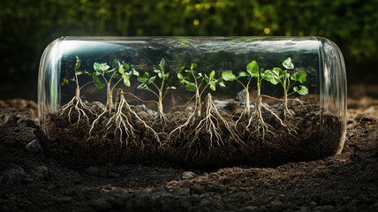 Wall Mural - A captivating environmental time capsule showcases young plants with roots growing in rich soil, symbolizing growth and sustainability. This image evokes sense of hope for future