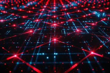 Fototapete - Glowing Futuristic Digital Grid Pattern with Red Lines and Dots on Dark Background for Technology Designs