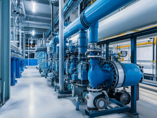 Poster - Advanced water recycling system for industrial use featuring blue pipes and pumps. This facility showcases modern technology for efficient water management and sustainability