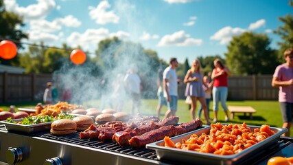 Wall Mural - barbecue with meat in the foreground and with people and with people standing in the background