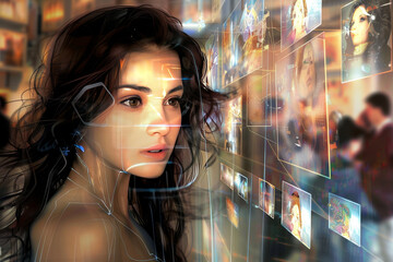 Poster - Elegant Virtual Meeting: Artistic Side View Embracing Fashion, Technology, and Expressions in a Photorealistic Setting