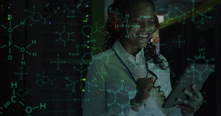 Wall Mural - Animation of scientific data processing over african american female it technician by servers