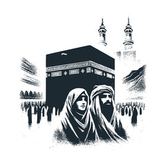 Wall Mural - The arabic bedouin male and kaaba in mecca. National day illustration. Vector.
