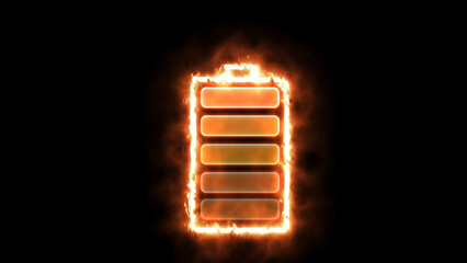 Glowing neon battery icon. Power and Electricity fire Ekmulato Battery.Charging level-up neon  battery symbol animation. Neon battery fast charging animation.