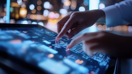 Poster - businessman working on a tablet with hologram of various charts above. global business, data network