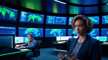 Sticker - A businesswoman standing in a control room, looking at a tablet, with a man working on a computer in the background. There are multiple screens displaying data and maps.