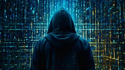 A hooded figure stands in front of a digital background, the code flowing around them.