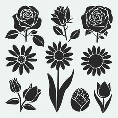 Wall Mural - Silhouette illustrations of various flowers including roses, daisies, tulips on a light background.