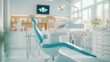 © schmidt - Dental equipment in dentist's office in new modern stomatological clinic room. Blue background with medic light and dental chair.