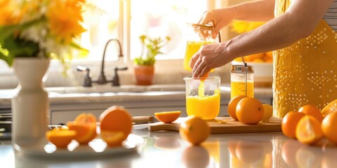 Housekeeper cook organic orange juice collect nutritious ingredient to food processor. Chef use mixer blend fruit with blending machine. Cooking activity with natural products for healthy body. AIG61.