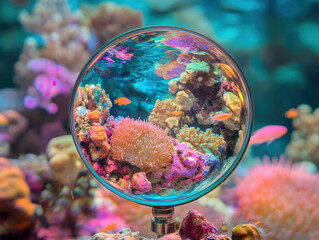 Wall Mural - A magnifying glass reveals vibrant coral reef teeming with colorful marine life, showcasing beauty of underwater ecosystems. vivid colors and intricate details create mesmerizing view