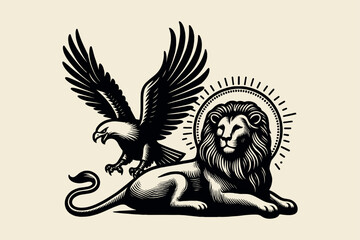 Wall Mural - Lion and eagle. Vintage black vector engraving illustration. Emblem, logo, tattoo