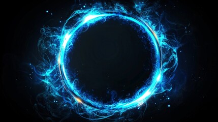 Wall Mural - An abstract geometric circle in neon blue color on a dark background. A round mystical portal. A mockup for your logo. Futuristic smoke. A mockup for your logo.
