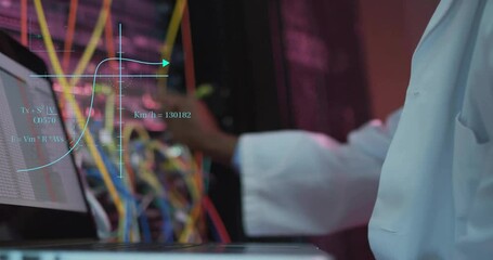 Poster - Animation of scientific data processing over african american male it technician by servers