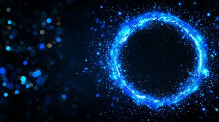 Wall Mural - Geometric circle in neon blue color on dark background. Mystical round portal. Logo mockup. Futuristic smoke.