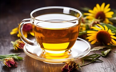 A close-up shot of a cup of herbal tea with flowers in the background.