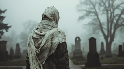 A person wrapped in tattered white bandages, walking through a foggy graveyard