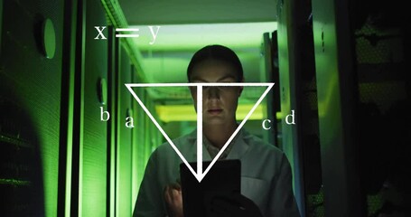 Poster - animation of scientific data processing over caucasian female it technician by servers