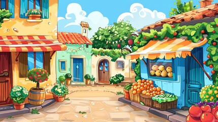 Canvas Print - A cartoon illustration of a seaside village with a fruit market.