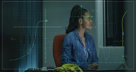 Poster - animation of scientific data processing over biracial businesswoman using laptop
