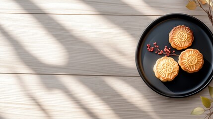 Wall Mural - Delicious mooncakes displayed on a black plate with soft shadows in a serene setting evoking a festive atmosphere.