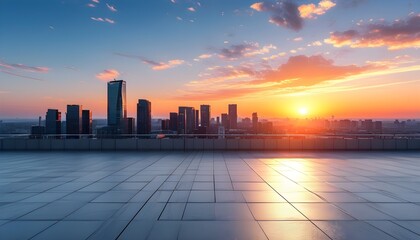 Serene urban skyline at sunset with empty rooftop, panoramic city horizon against a clear sky, perfect for presentations and backgrounds