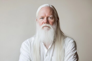 A wise and serene elderly man wearing a white jacket against a minimalist gray background