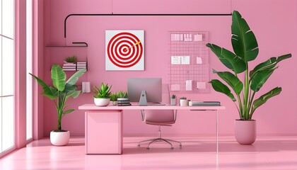 Wall Mural - Elegant pink office setup featuring a potted plant and a target chart, perfect for enhancing business productivity and motivation.