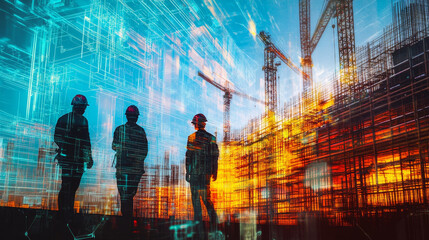 Poster - High tech engineering site with silhouettes of workers against vibrant construction backdrop. double exposure effect highlights dynamic nature of modern construction