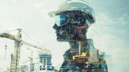 Wall Mural - Futuristic construction concept with double exposure of workers silhouette and construction site elements, showcasing innovation and technology in industry