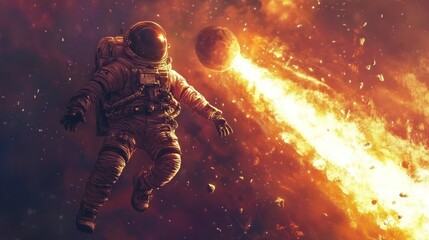 Canvas Print - Astronaut in a Fiery Cosmic Storm