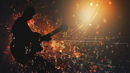 Wall Mural - Silhouette of a guitarist playing in a musical dreamscape with musical notes and lights.