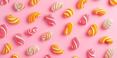 Twisted candy pieces arranged in a herringbone pattern on surface, food illustration