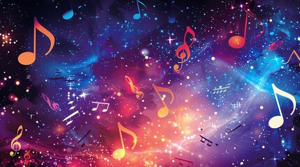 Wall Mural - Abstract digital art of musical notes in a glowing, colorful dreamscape.