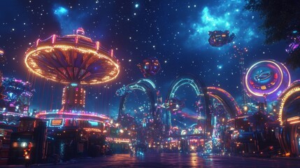 Futuristic Neon Cityscape with Ferris Wheel and Flying Vehicles