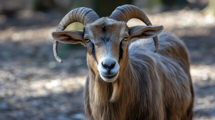 Canvas Print - Portrait of a Curious Goat with Curled Horns