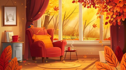 A cartoon illustration of a living room with a fireplace and an armchair, with autumn leaves blowing in the window.