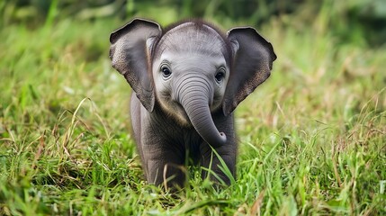 Adorable Baby Elephant Exploring Lush Green Grassland