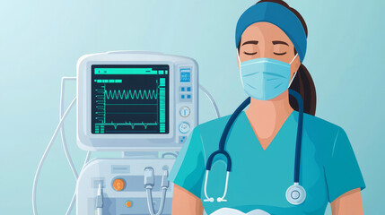 Nurses training on advanced life support equipment, flat design illustration