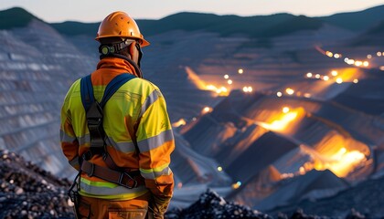 Wall Mural - Dusk Overlook of Mining Operations by High-Visibility Worker