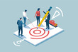 © Volodymyr - Business team collaborating to hit target with giant pencil, illustrating teamwork and goal achievement in isometric style.