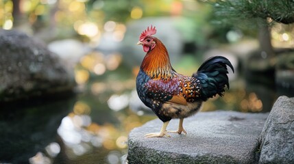 Canvas Print - Rooster Standing on a Rock near a Pond