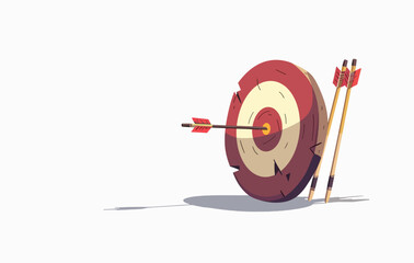 Cartoon style archery target with one arrow hitting the center and two spare arrows, symbolizing precision, goal achievement, and strategic focus.